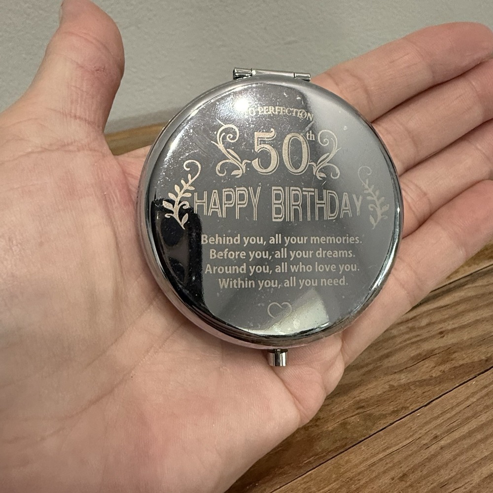 Engraved Compact Mirror 50th Birthday Not A Day Over Fabulous Silver Tone Gift
